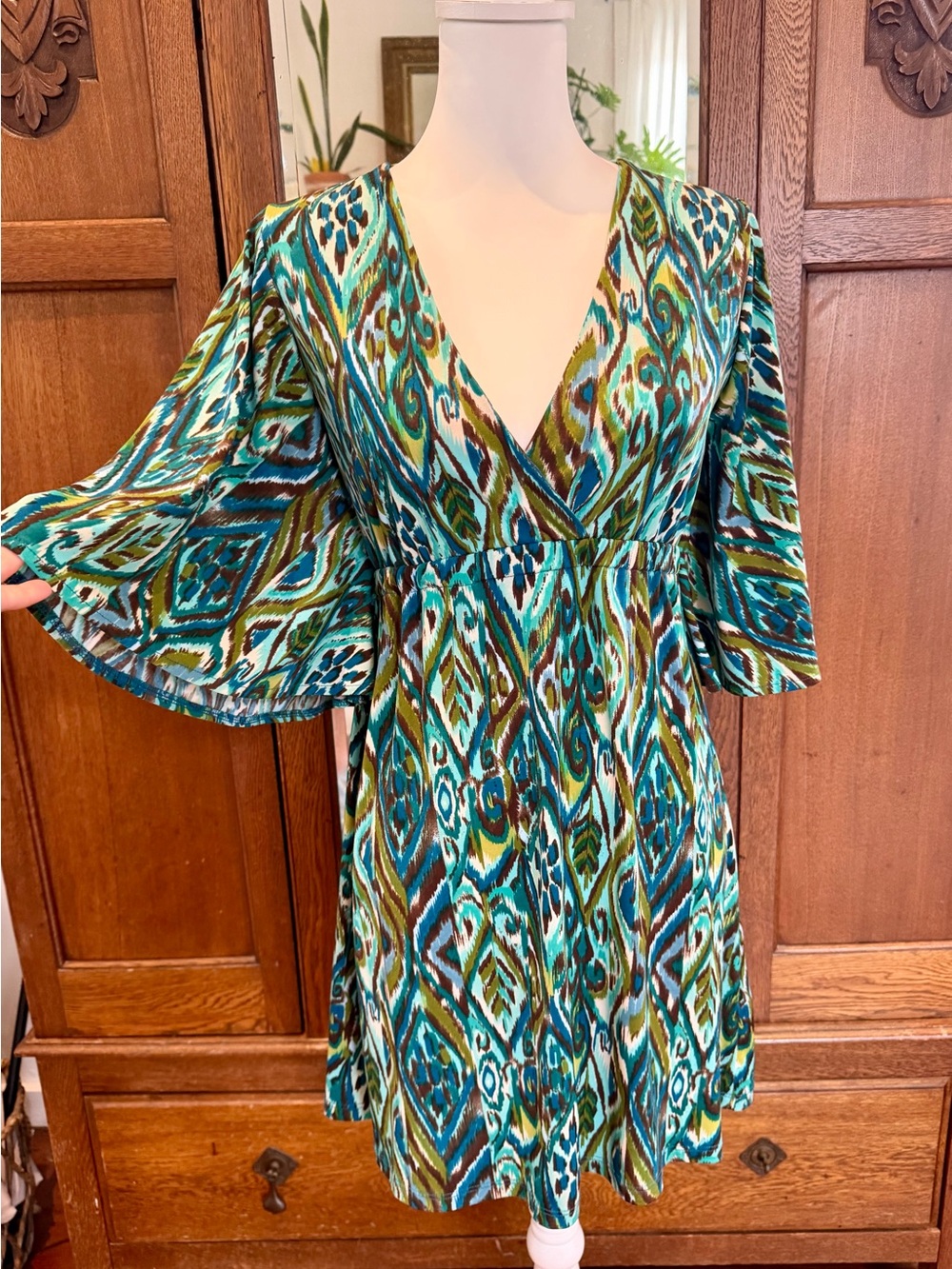 Veronica M Teal Ikat Boho Flutter Sleeve Mini Dress , Size Small